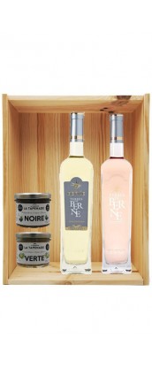 Coffret cadeau bois vin Provence Terres de Berne Personnalisé + 2 tapenades